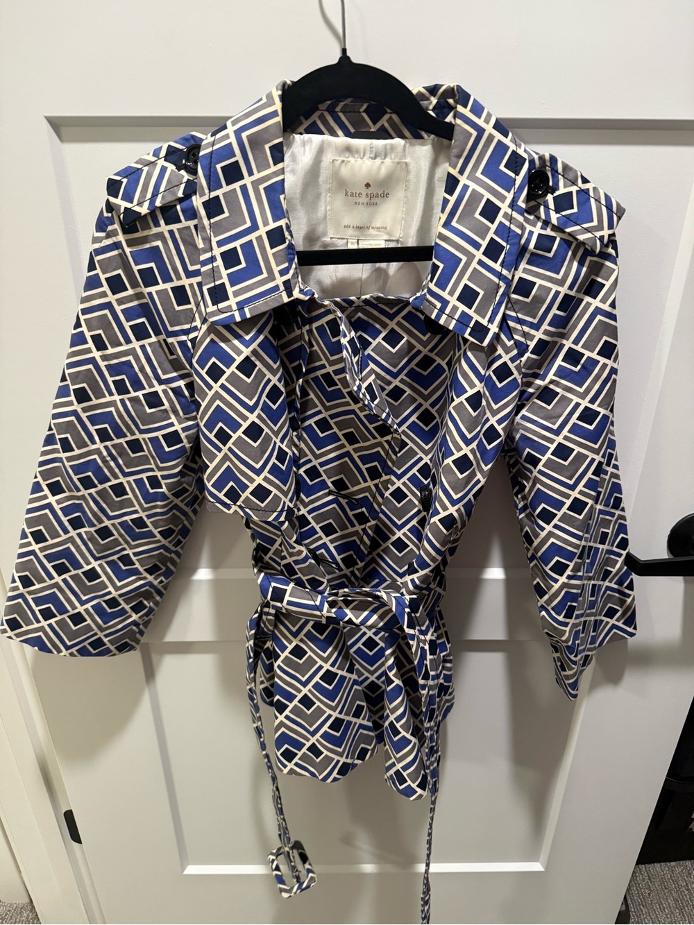 Kate Spade New York Geometric Print Trench Coat 10 Blue Gray Belted Rain Jacket